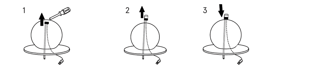 Three diagrams showing the light being prised up from the fountain top, taken off, and a new light inserted.