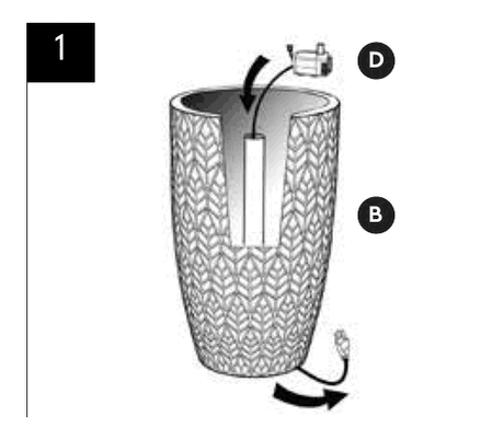 Step 1: pump cable fed down through the tube in the fountain base and out the opening at the bottom.